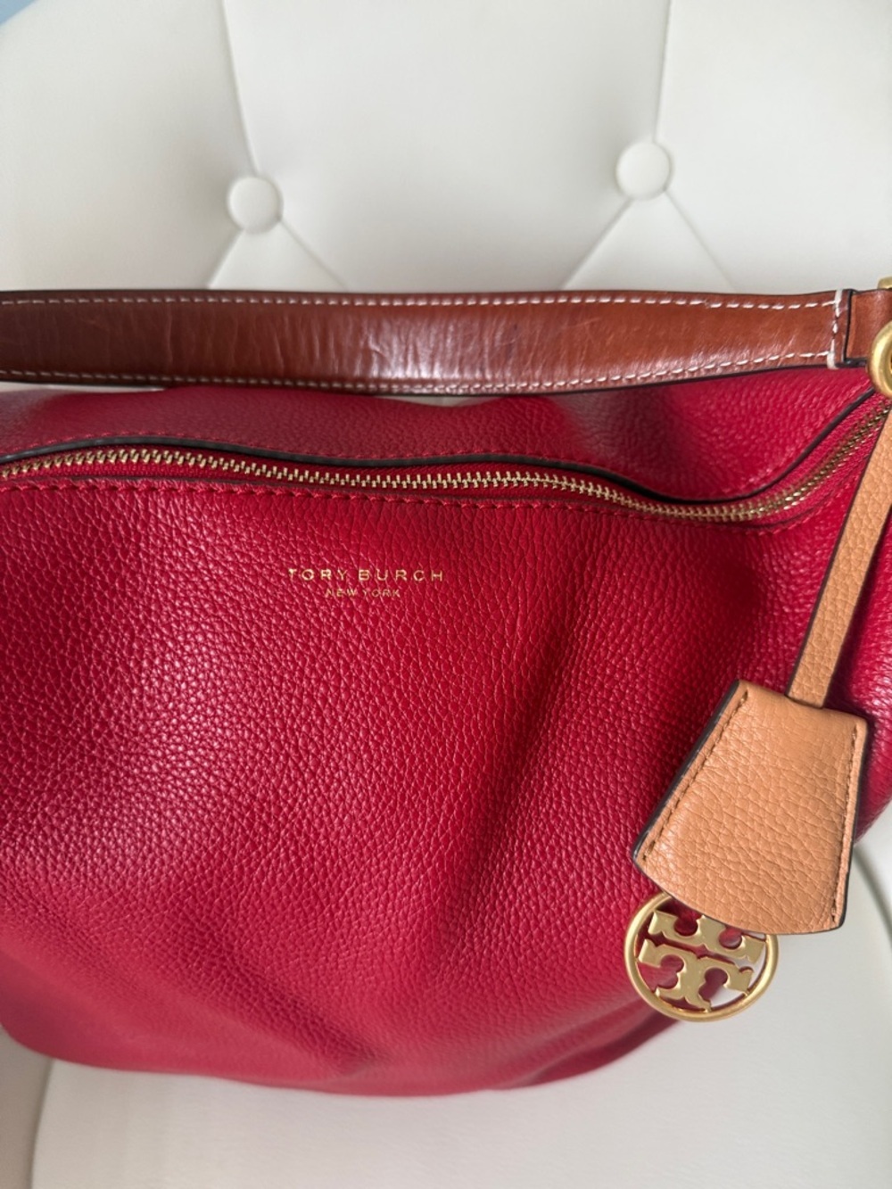 Tory Burch Perry Slouchy Hobo Bag Color Red Apple Pebbled Leather Women's - Picture 10 of 13